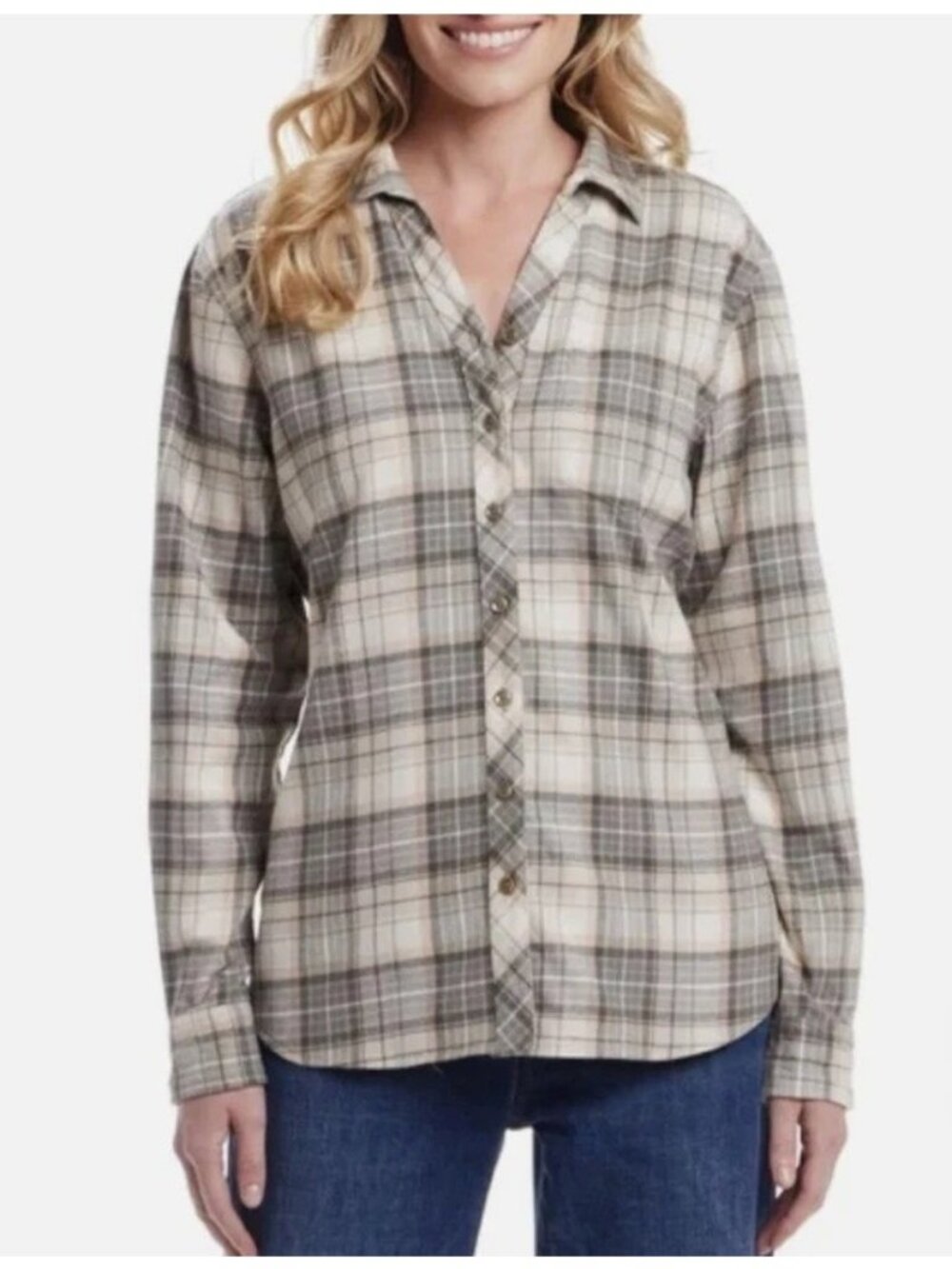 NWT Weatherproof Vintage Women's Small Green Beige Flannel Plaid Button Up Shirt